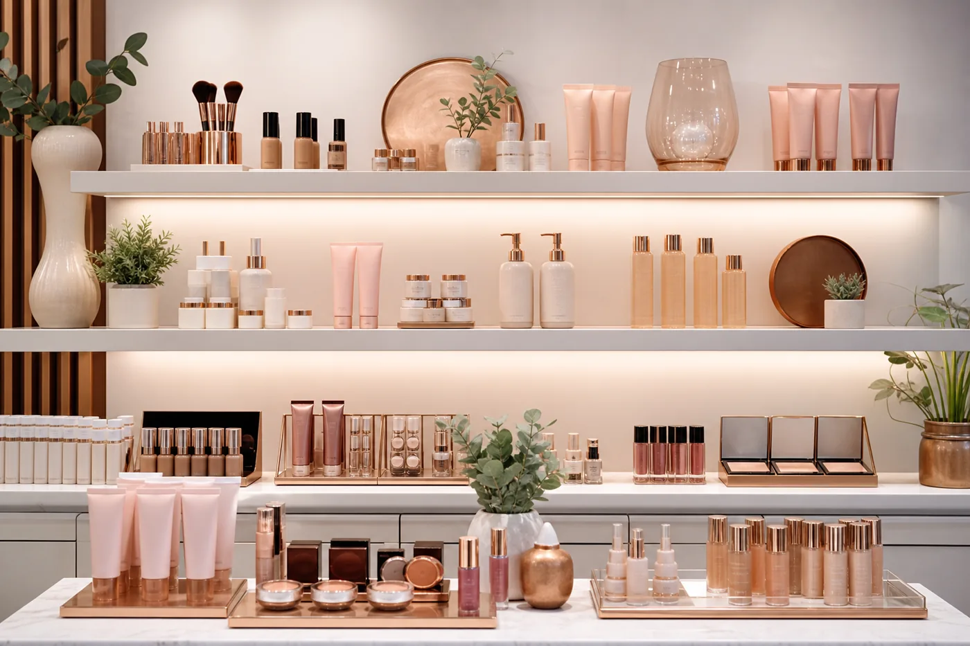 Anaqueles de productos de maquillaje en tienda local